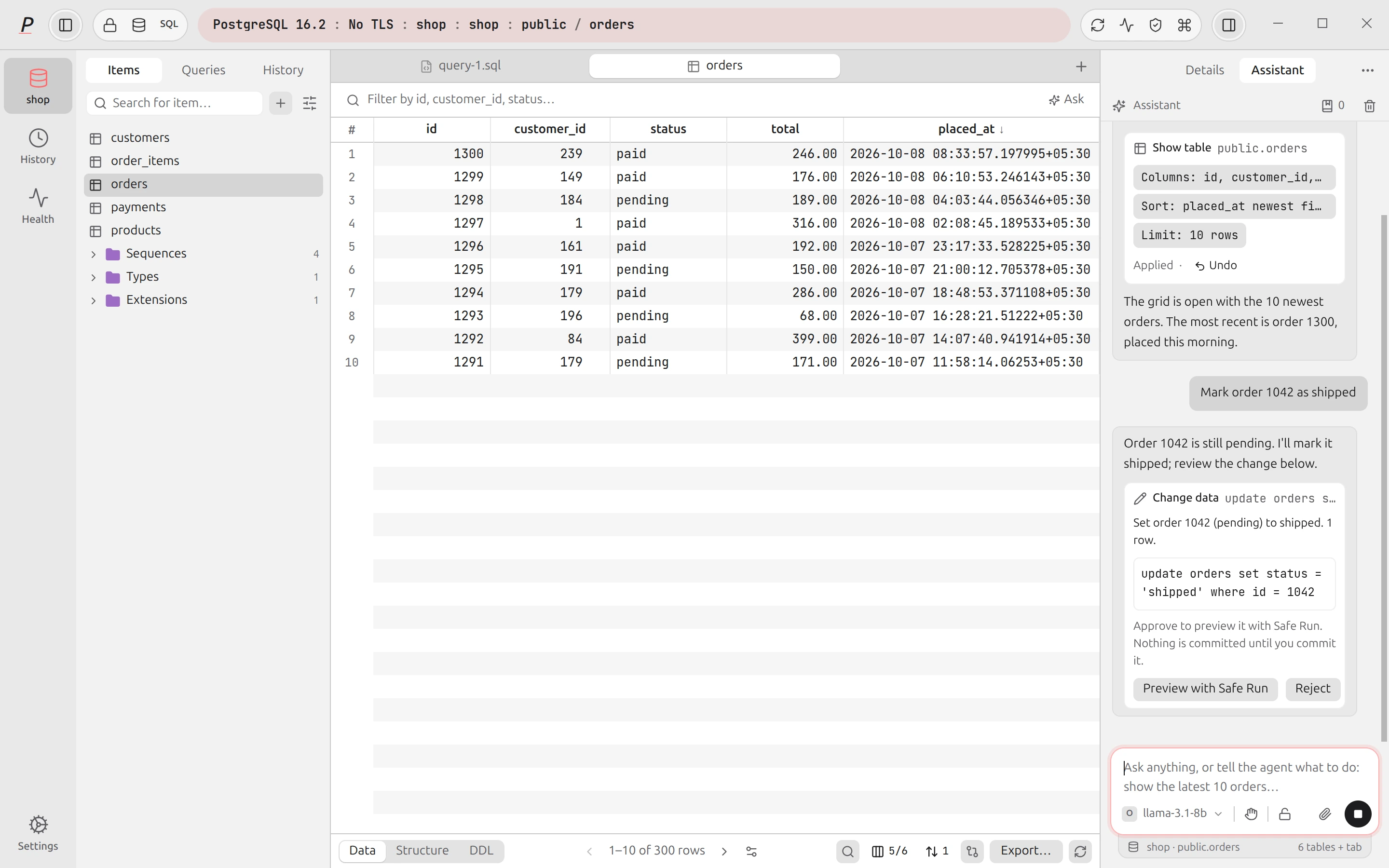 The assistant suggests an UPDATE as a card, and waits for you to preview and run it safely, or reject it