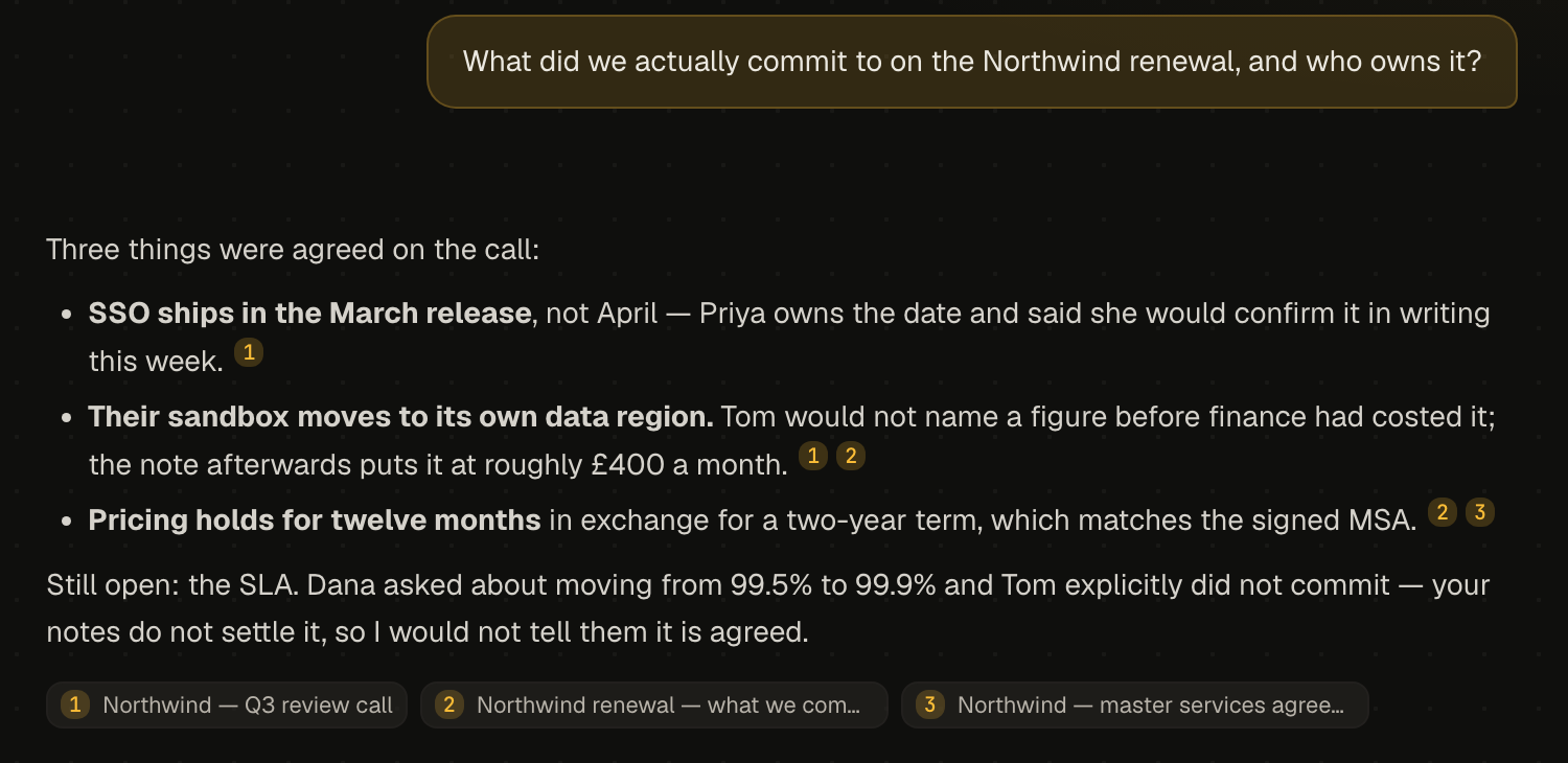 A chat answer about a client renewal, with numbered sources under each claim