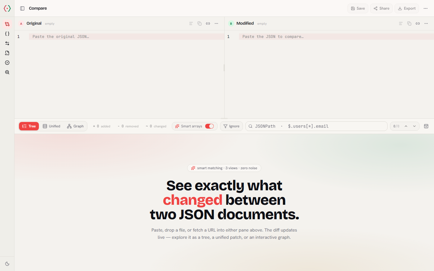 Compare, with the tree, list and graph views and the switch for smart list matching