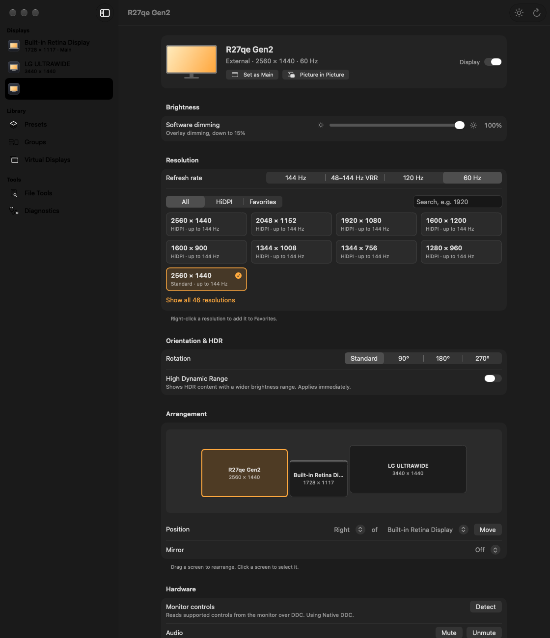 The page for a 27-inch monitor, with dimming, size options, rotation and the map to arrange screens