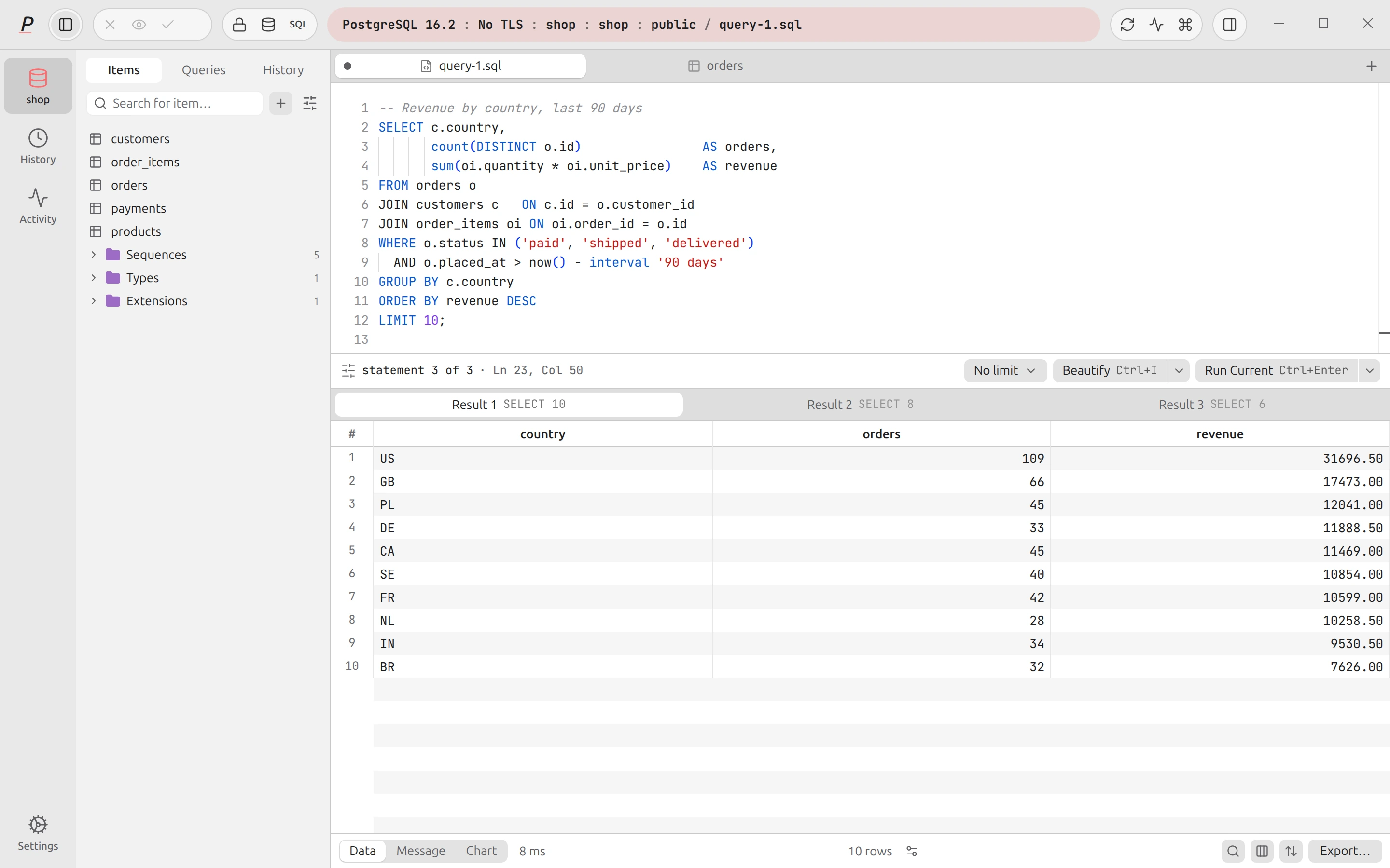 The SQL editor runs a script with three statements and shows one result tab for each statement