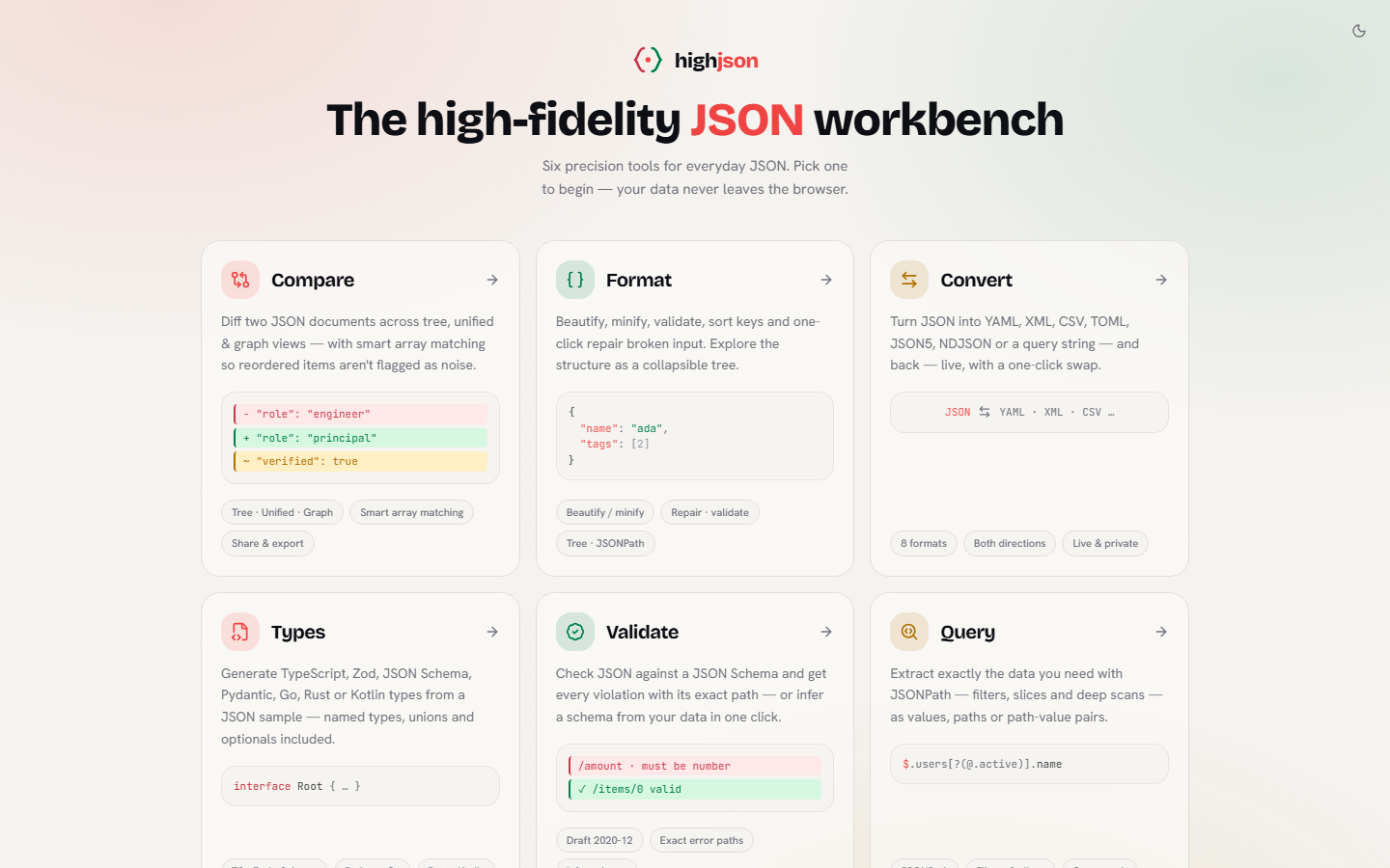 The highjson home page with its six tools