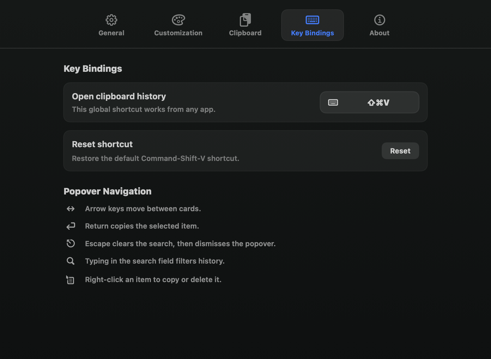 The Key Bindings tab in Settings, where you change the ⇧⌘V shortcut and the keys that move through the list