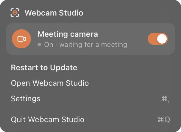 The menu bar panel with the meeting camera switch, Open Webcam Studio, Settings and Quit