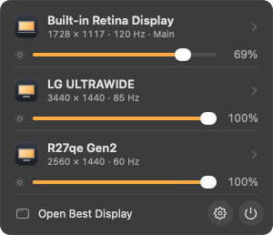 The menu bar panel with the built-in screen and two external monitors, each with a brightness slider
