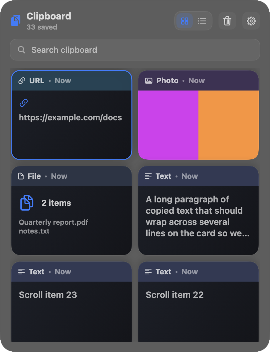 Clippy's window in the dark theme, with a link, an image, two files and some text