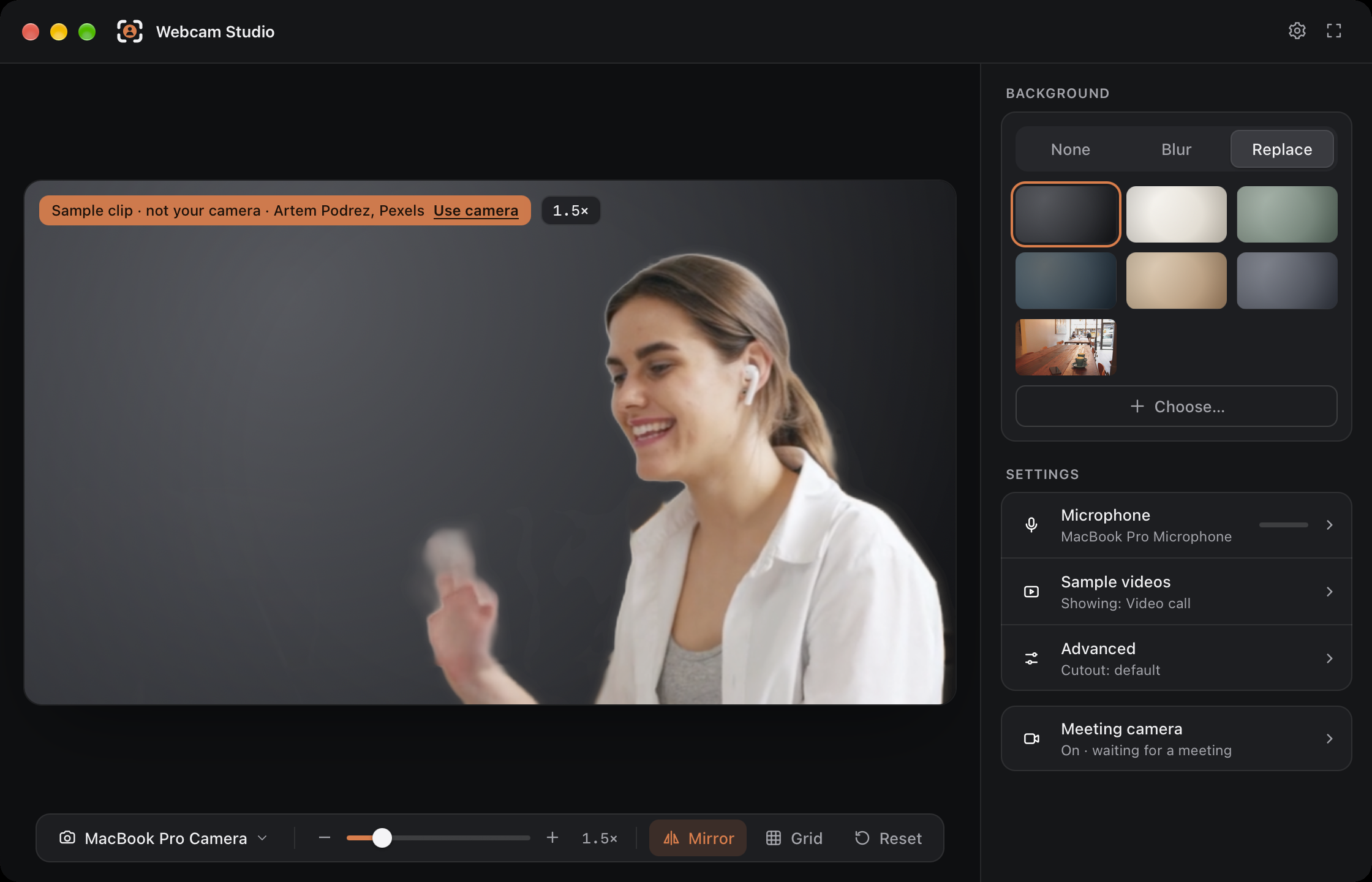 The same sample video with the background replaced by one of the built-in backgrounds